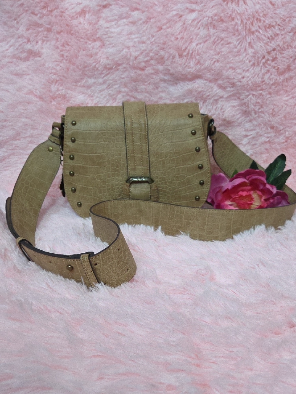Jessica Simpson Taupe Croc-Embossed Crossbody with Stud Trim